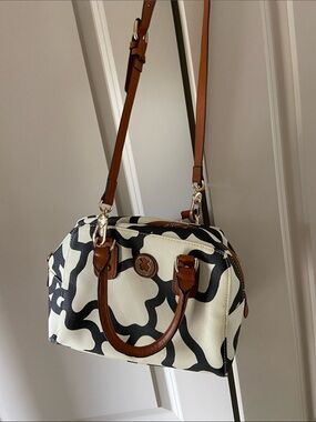 Tous Black and White Patterned Crossbody Bag with Brown Trim